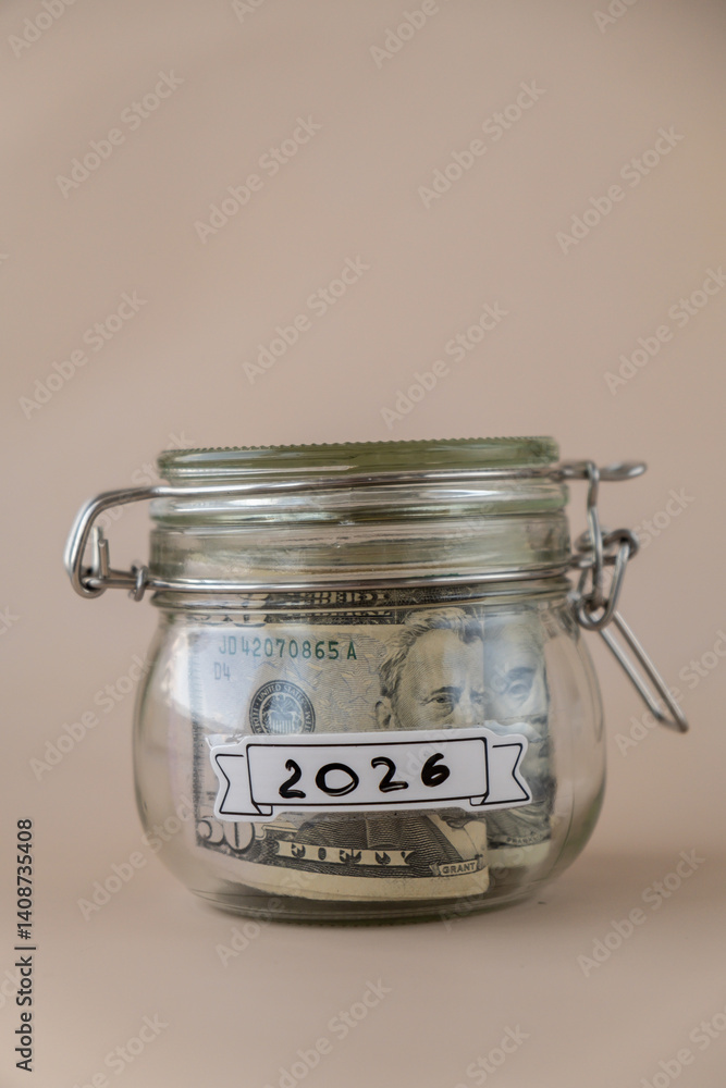 Glass jar full of American currency dollars cash banknote with text 2026 year. Preparation saving money. Moderate consumption and economy. Collecting money Glass jar full of American currency dollars cash banknote with text 2026 year. Preparation saving money. Moderate consumption and economy. Collecting money