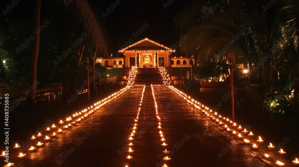 Rows of small lamps leading to a temple entrance, glowing in the darkness with spiritual festive ambiance and space Rows of small lamps leading to a temple entrance, glowing in the darkness with spiritual festive ambiance and space
