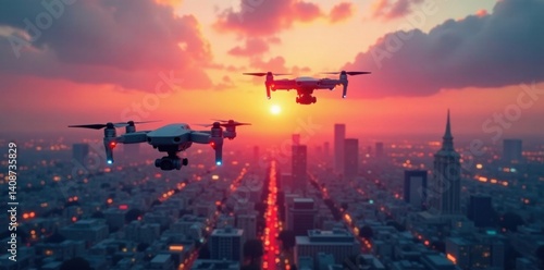 Drones flying in formation over a futuristic cityscape at sunset, drones, sky