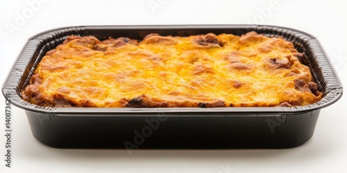 Isolated tray of flavorful South African bobotie on a white backdrop.