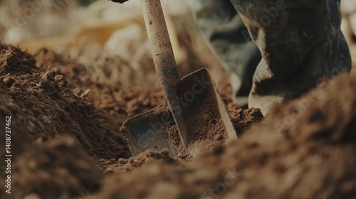 A construction worker digging a trench for utility lines. Featuring laborious effort and site preparation