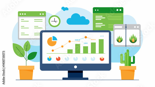 Realtime data analysis and alerts that notify the farmer of any potential deficiencies or environmental changes in the greenhouse allowing for immediate action.. Vector illustration