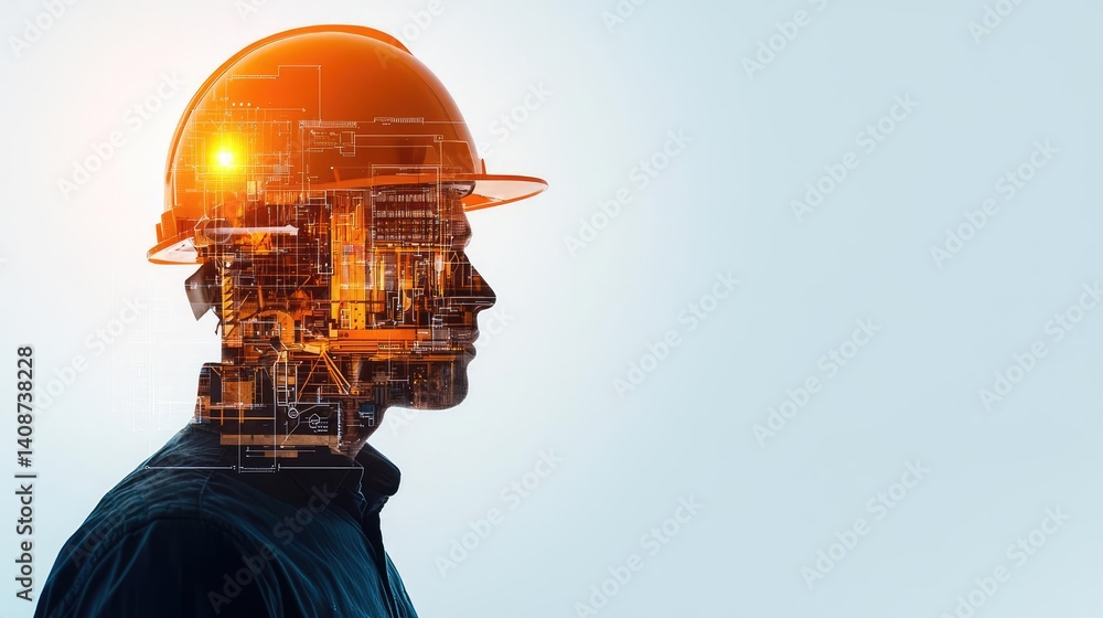 Double exposure worker wearing safety helmet in constructions concept. Engineer silhouette with a helmet and overlay of machinery.