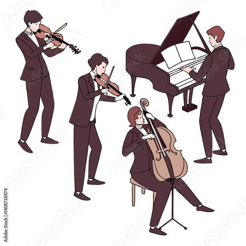Classical Music Performance By Quartet With Violin,Piano,And Cello In Concert Attire Creating Elegant And Harmonious Atmosphere