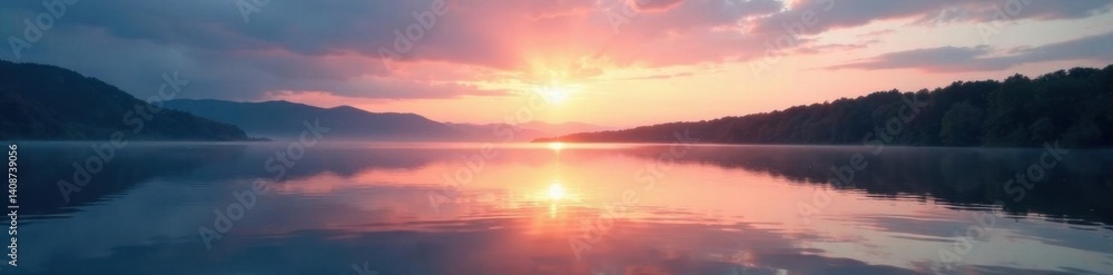 Fototapeta premium Softly lit lake surface reflecting serene dawn sky, dawn lake, soft lighting