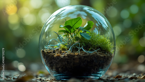 Lush Terrarium with Green Plants in Glass Sphere