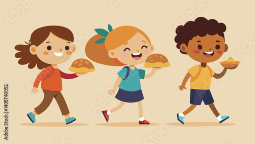 Children walking by with baleadas in hand smiling and giggling as they take a bite of the warm cheesy treat.. Vector illustration