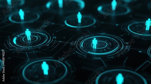 Human resource management visualization featuring glowing social network icons connecting employees, representing corporate collaboration and workforce optimization.