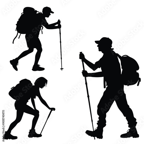 Silhouette Hikers Trekking With Backpacks And Sticks In Isolated White Background For Outdoor Adventure And Fitness