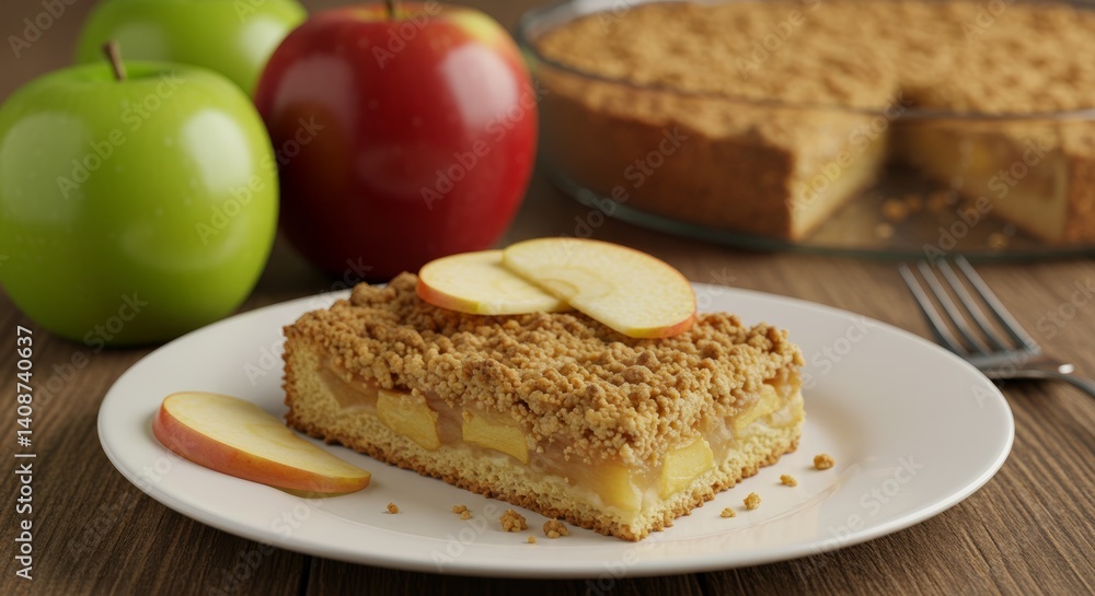 Tempting apple crumble slice served with fresh apples in a studio setting Tempting apple crumble slice served with fresh apples in a studio setting