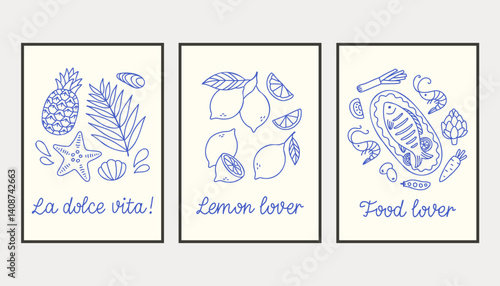 La dolce vita doodles placard or poster set. Vector illustration of italian style hand drawn posters. Wall art prints decor. Illustration for invitations, menus design.