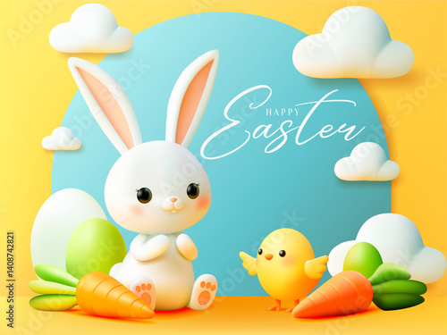 Happy Easter banner, greeting card, poster, flyer. Trendy Easter design Illustration with eggs, chick, bunny and carrot. Modern minimal style. Festive Easter horizontal greetings. Yellow Background