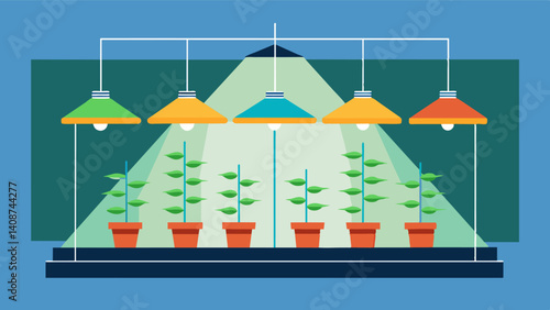 MultiLayered Lighting A system that utilizes multiple layers of lights to improve light distribution and reach plants in all areas of the greenhouse.. Vector illustration