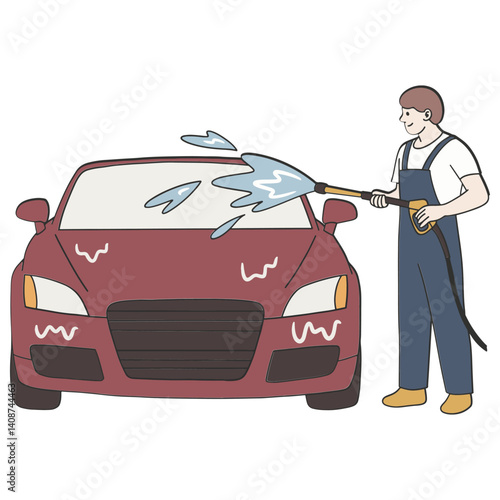 Young man washing car