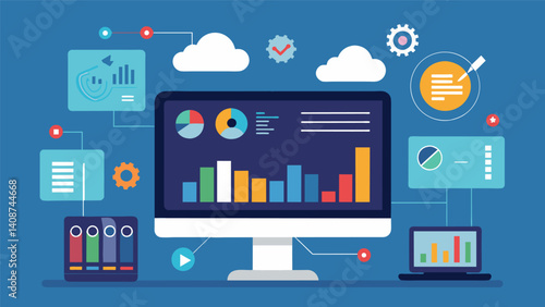 A sleek dashboard showcases realtime analytics and data visualization highlighting the powerful insights that can be gained through effective cloud data management.. Vector illustration
