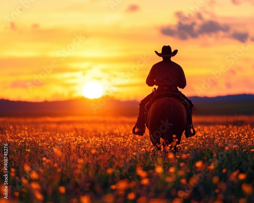 A silhouette of a cowboy riding a horse against a vibrant sunset over a field of flowers, capturing a serene and picturesque moment.