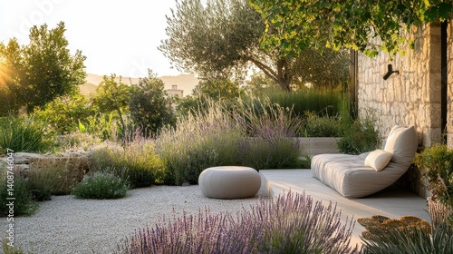 Sun-drenched Mediterranean garden patio with contemporary furnishings.
