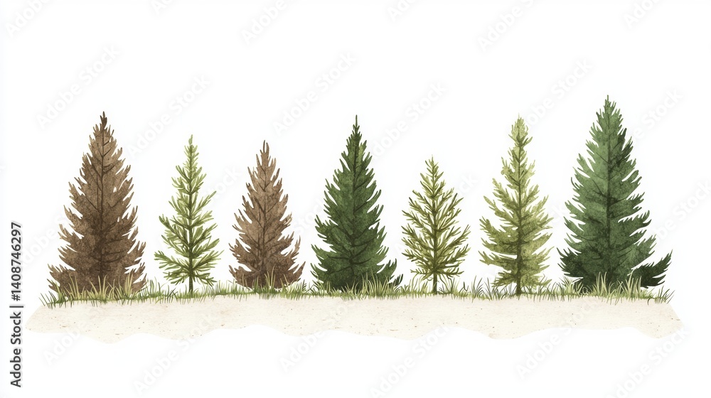 Fototapeta premium A row of illustrated evergreen trees showcasing various shades and sizes, representing nature's diversity.