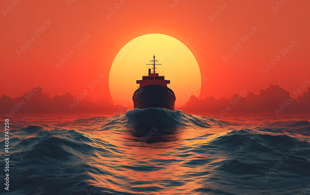 cargo ship sailing across a vast ocean, emphasizing negative space cargo ship sailing across a vast ocean, emphasizing negative space