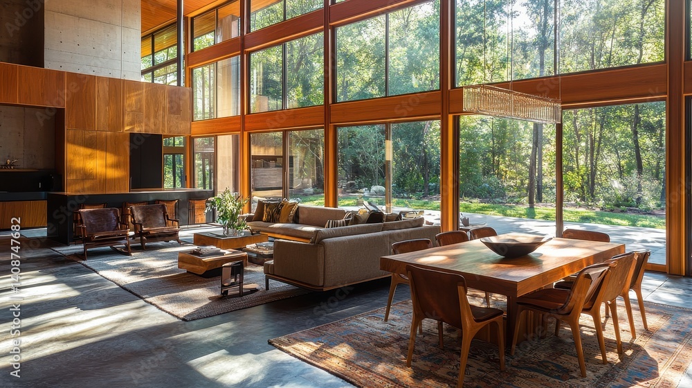 Fototapeta premium Spacious modern living room with expansive forest views.