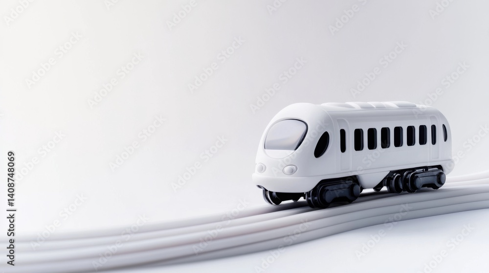 White Toy Train on Minimalist Background with Wires and Curves