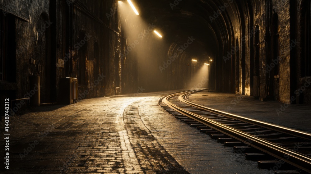 Mysterious Dimly Lit Train Tunnel with Curved Tracks and Shadows