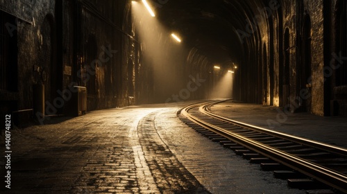 Obraz na płótnie Mysterious Dimly Lit Train Tunnel with Curved Tracks and Shadows w salonie
