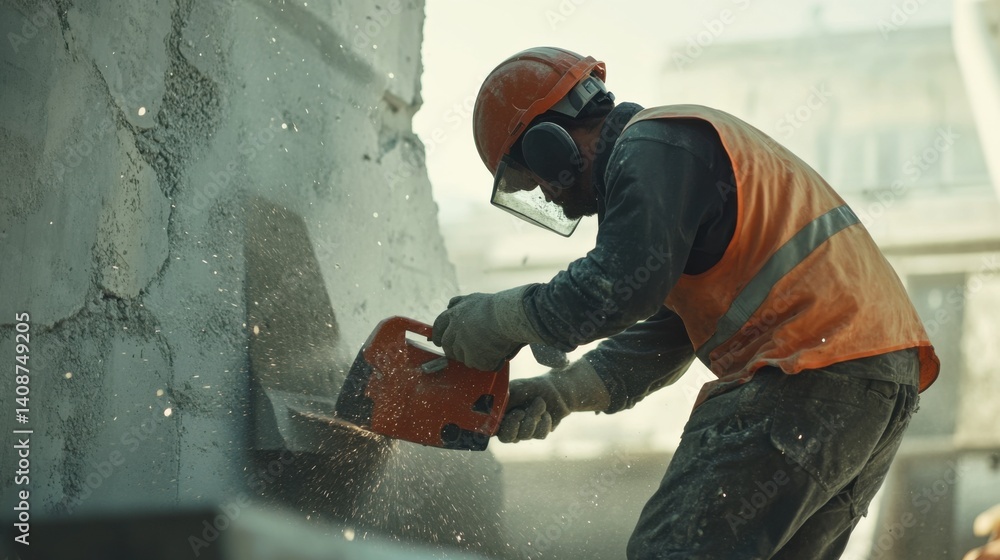 A construction worker cutting through a concrete wall with a saw. Featuring focus and strength A construction worker cutting through a concrete wall with a saw. Featuring focus and strength