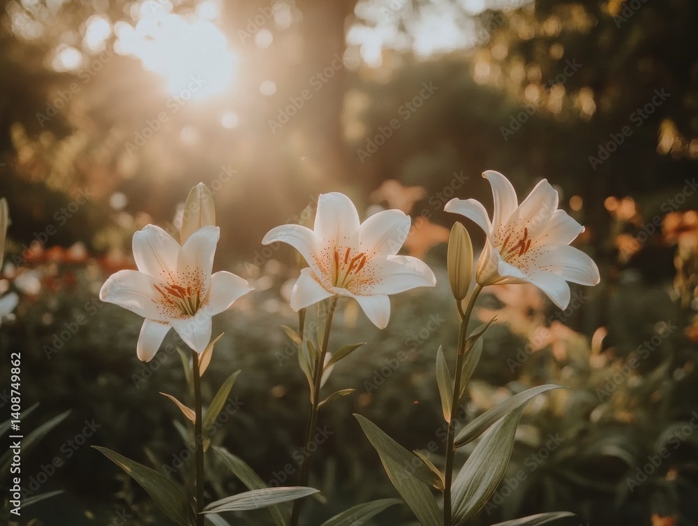 Fototapeta premium Three beautiful white lilies bloom in a sunlit garden, surrounded by lush greenery and soft glowing light, creating a serene and peaceful atmosphere.