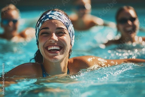Happy woman swimming in pool, summer fun