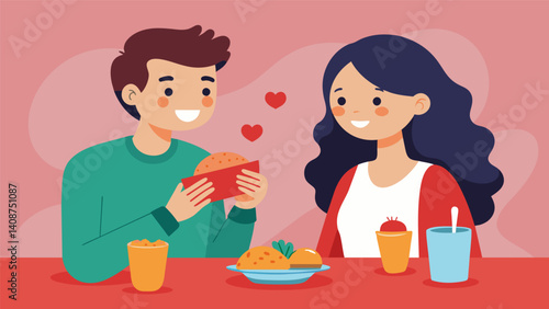 A young couple on a first date nervously trying the Chilean completo for the first time and bonding over their mutual love for the unique flavors and textures.. Vector illustration