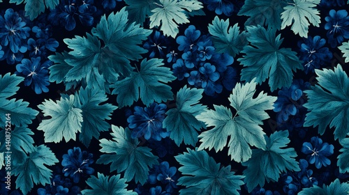 Seamless Teal Geranium Leaves and Flowers Pattern