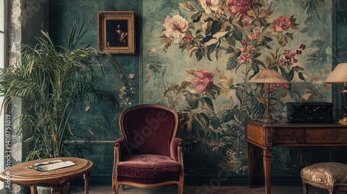 Vintage floral wallpaper decorates a cozy room with antique furniture.