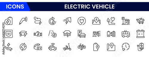 Vector illustration web line icon collection showcasing electric cars charging stations, EV batteries, eco symbols, plug-in icons, sustainable energy, clean transport, and futuristic mobility elements