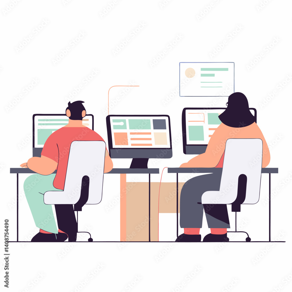People work in office design flat. Business woman and man, computer worker People work in office design flat. Business woman and man, computer worker