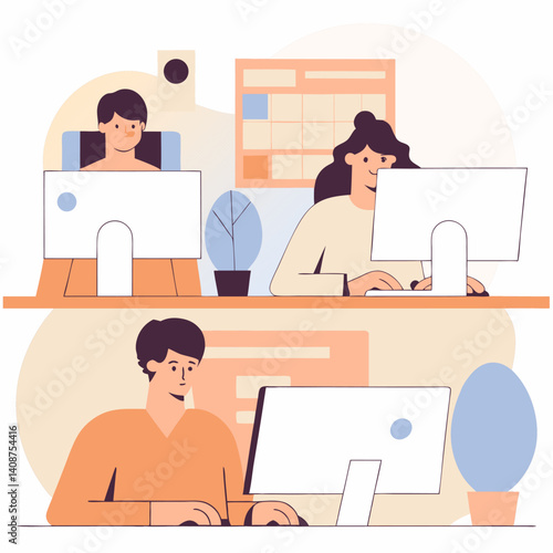 People work in office design flat. Business woman and man, computer worker