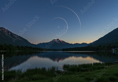 beautiful evening landsape lunar path on lake and mountain