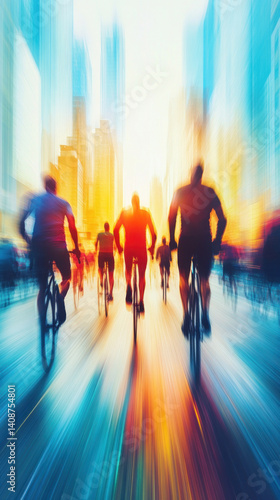 A group of people riding bikes in a city. The image is blurry and has a sense of motion