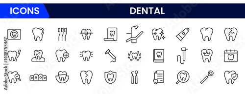 A clean, modern vector illustration web line icon collection depicting dental care elements like teeth, toothbrush, floss, dentist tools, and hygiene symbols for clinics.