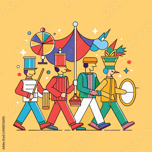 Whimsical illustration of a parade of New Year Object quirky toy soldiers with vibrant colors