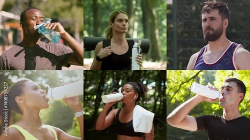 A collection of individuals engaged in fitness activities, demonstrating athleticism and healthy lifestyles. Each person is seen quenching their thirst with water bottles in a lush outdoor setting.