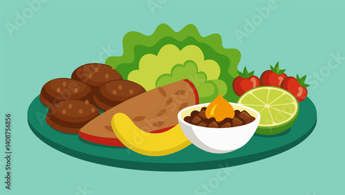 Meltinyourmouth smokey carne asada crispy chicharr n and creamy avocado are just a few of the mouthwatering elements of a traditional bandeja paisa shared with loved ones.. Vector illustration