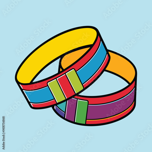 Two overlapping colorful wristbands or New Year Object bangles against a light blue background