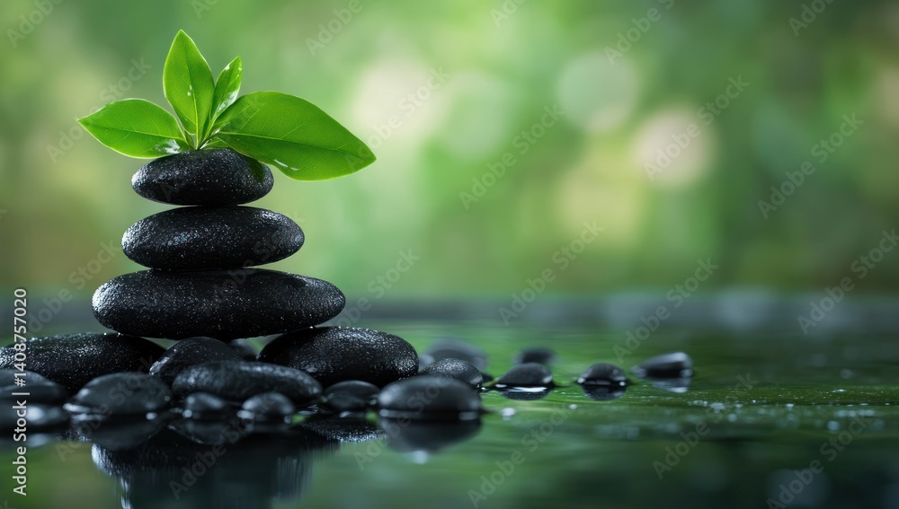 Zen Garden Serenity: Stacked Black Stones with Lush Greenery Zen Garden Serenity: Stacked Black Stones with Lush Greenery