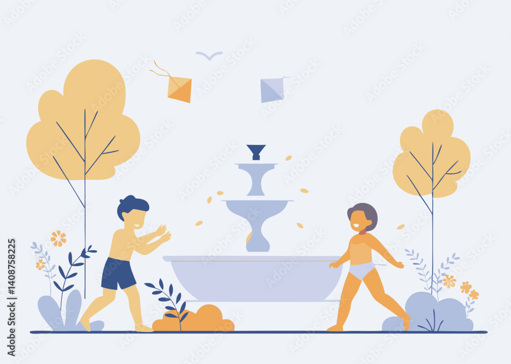 Obraz premium Illustration of children playing with water in a friendly manner. Vector.