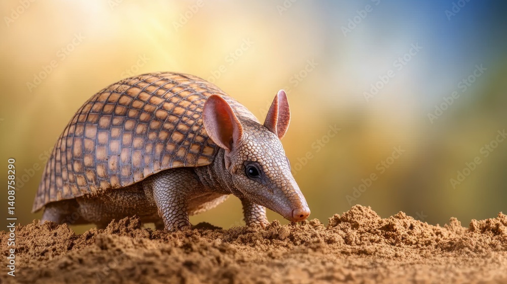 Obraz premium Nine Banded Armadillo Foraging in Brown Earth Against a Warm Toned Background