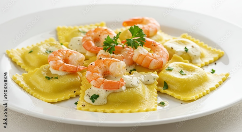 Exquisite golden ravioli adorned with succulent shrimp and creamy sauce plating Exquisite golden ravioli adorned with succulent shrimp and creamy sauce plating