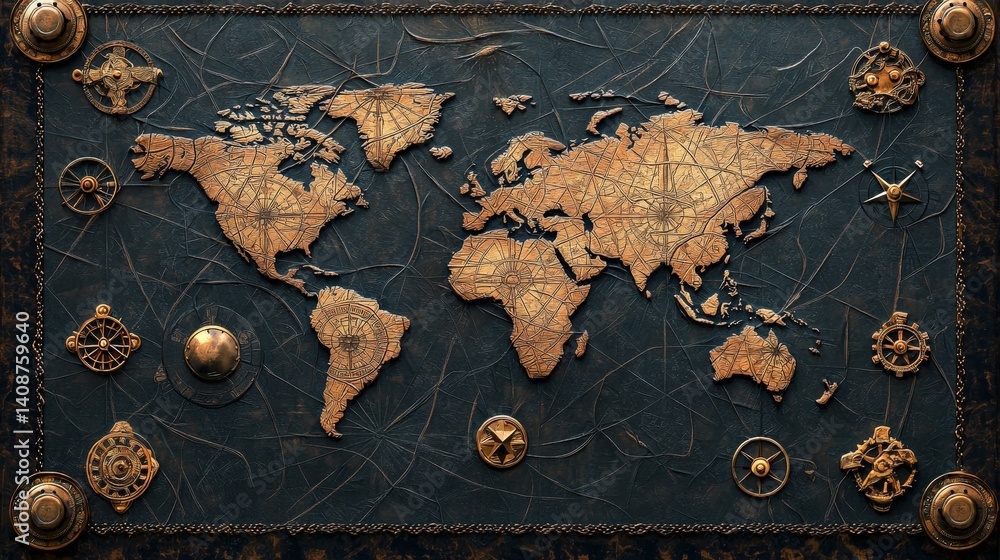 Naklejka premium Steampunk maps, aged paper texture, brass and leather accents, seamless