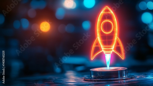 Bright neon backdrop with a rocket launch symbolizing startup growth and innovation