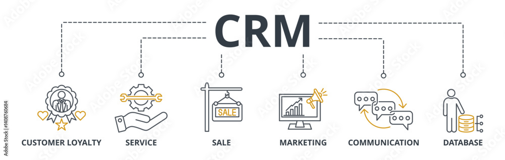 Naklejka premium Crm web banners concept vector illustration with keywords and icons